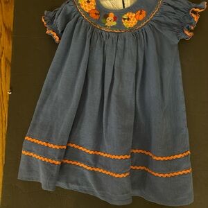 Lil Cactus Blue Thanksgiving Turkey & Pumpkins Smocked Bishop Dress for Fall 🍂